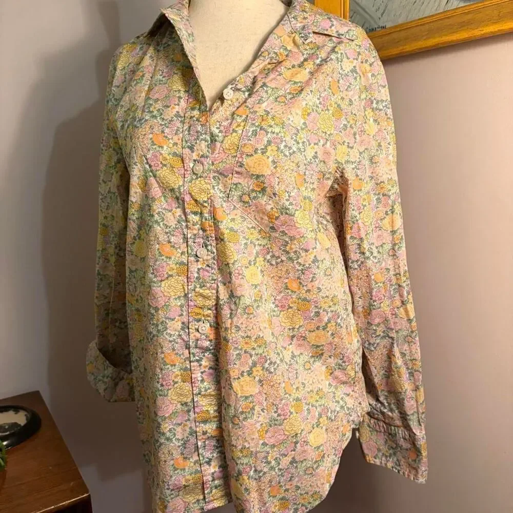 J.Crew x Liberty Fabric collab floral button up shirt pink, yellow, and green si